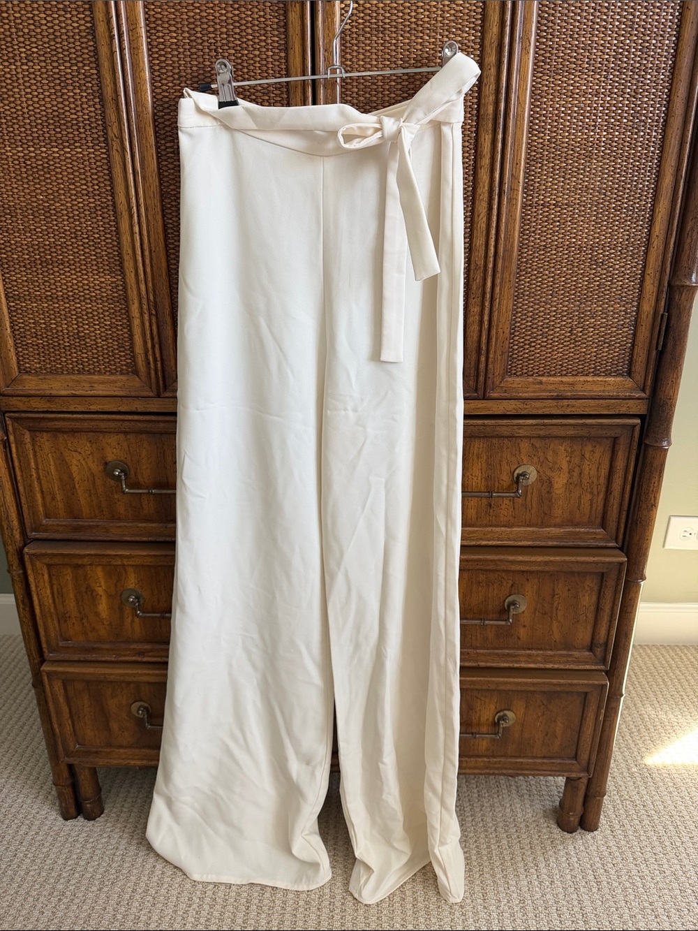 Amanda Uprichard High-Waist Cream Wide-Leg Pants with Tie Waist